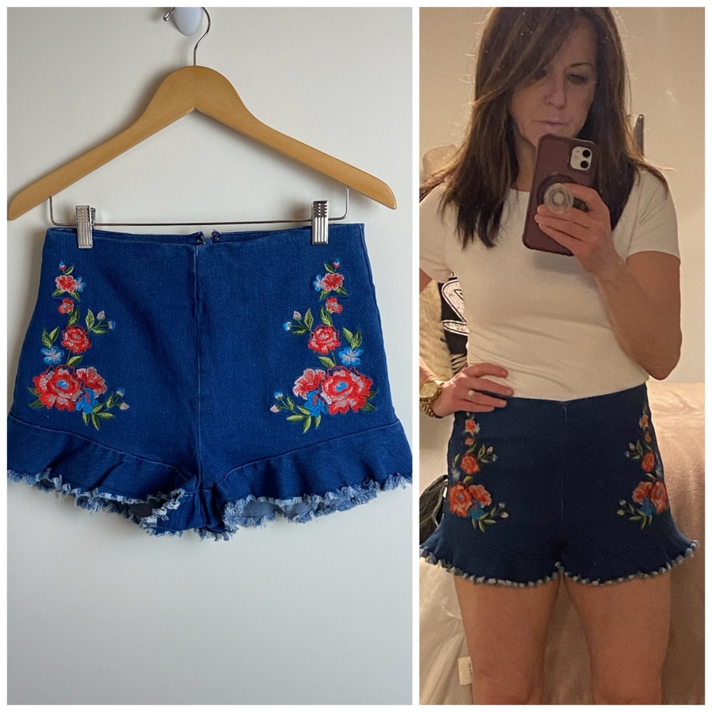 Embroidered Floral Denim Shorts